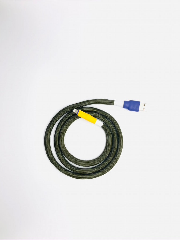Limited Release - Thick USB-A -> Lightning with Indigo and Yellow connectors and Drab Olive cord - 3 feet