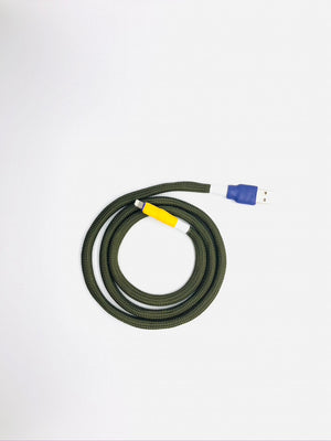 Limited Release - Thick USB-A -> Lightning with Indigo and Yellow connectors and Drab Olive cord - 3 feet