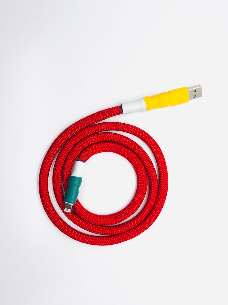 Limited Release - Thick USB-A -> Lightning with Green and Yellow connectors and Royal Red cord - 3 feet
